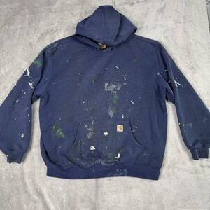 Carhartt J170 NVY Navy Blue Paint Splatter Workwear Hoodie Sweatshirt XL Regular